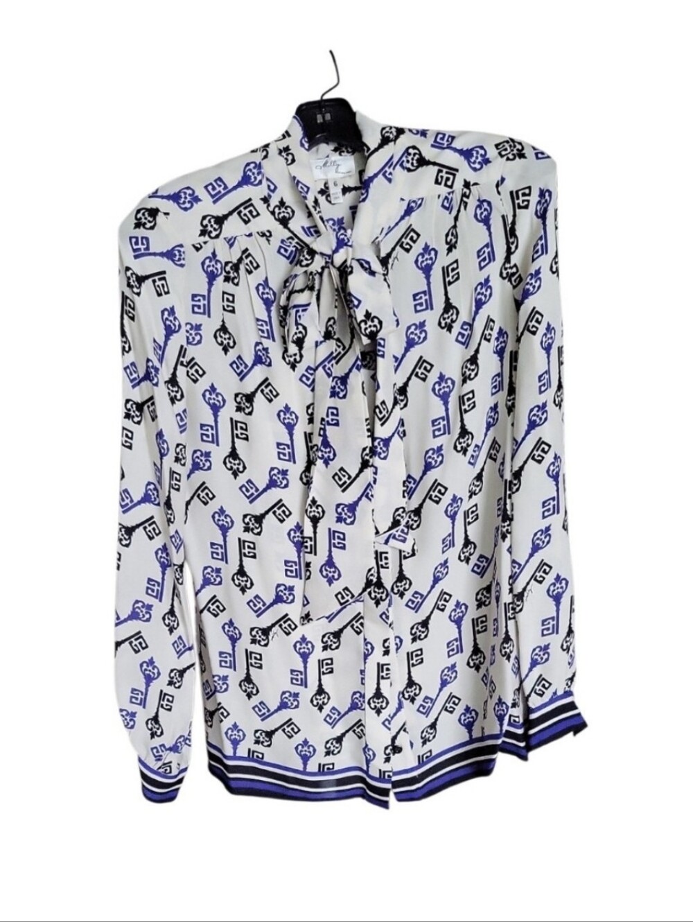 Milly of New York Silk Ivory Navy Black Key Motif Tie Neck Blouse NWOT Size 6